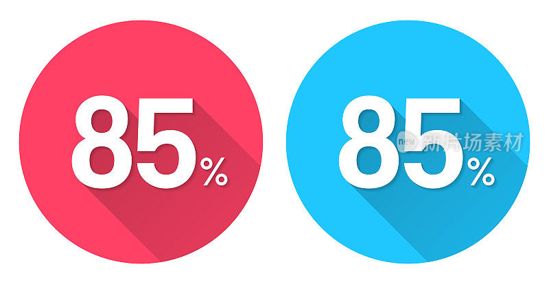 85% - 85%。圆形图标与长阴影在红色或蓝色的背景